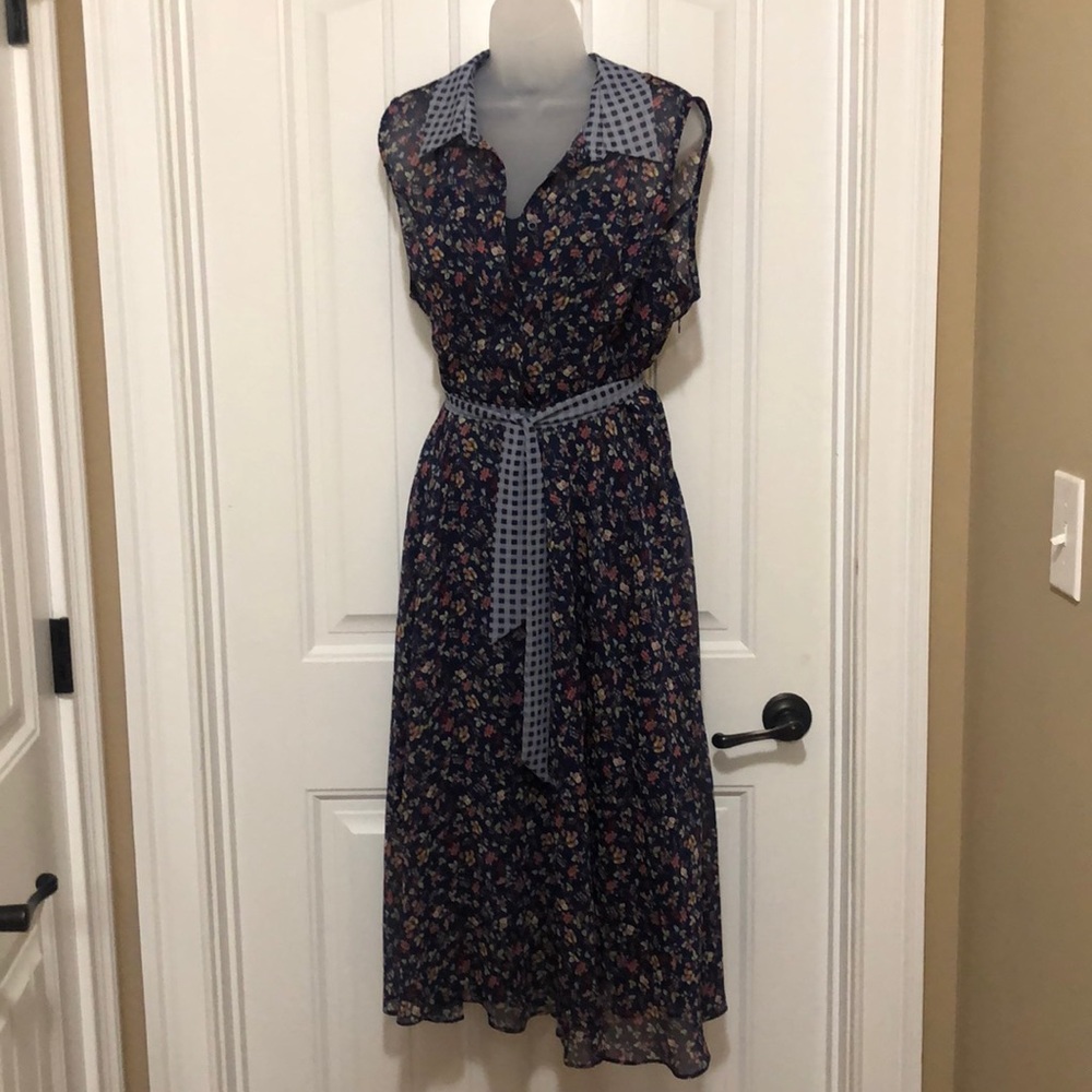 Blue Floral Collared Dress with Tie Belt